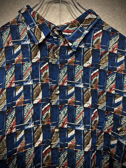 blue geometric pattern shirt